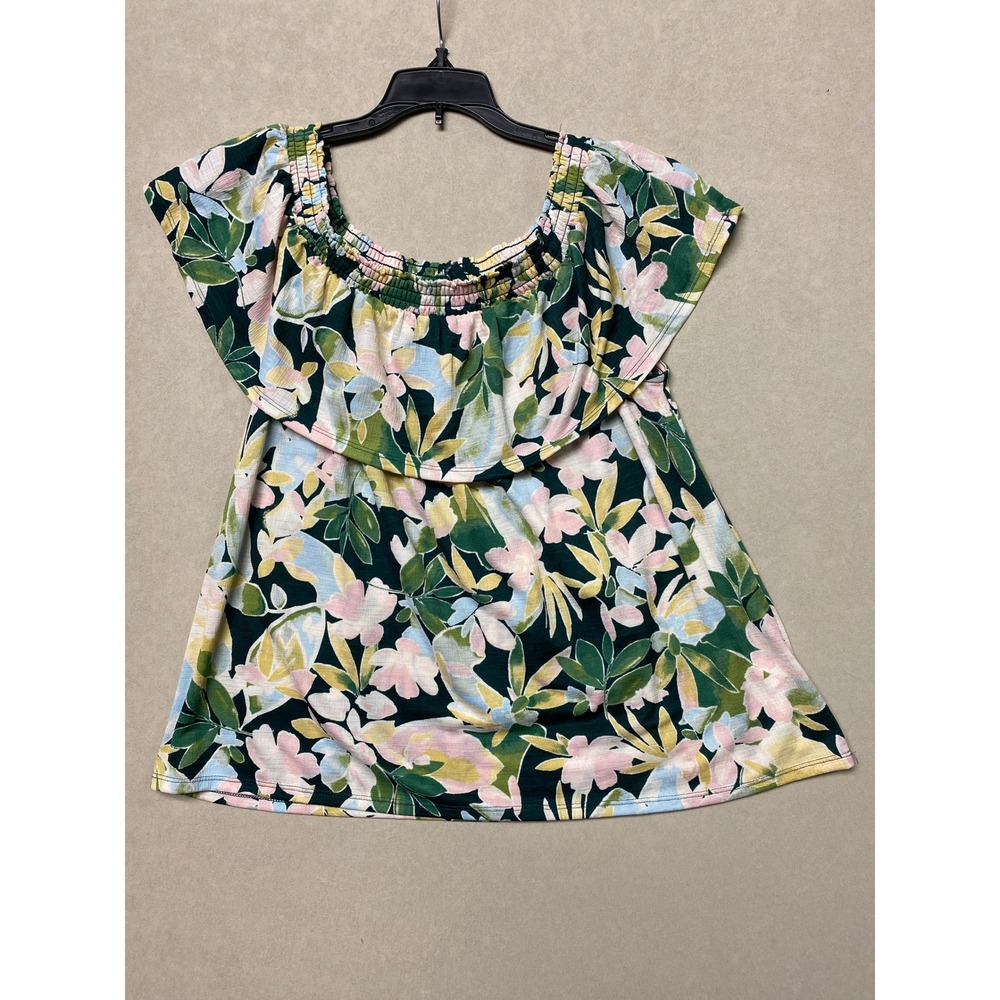 LC Lauren Conrad Floral Ruffle Smocked Square Neck Top Green Pink Large